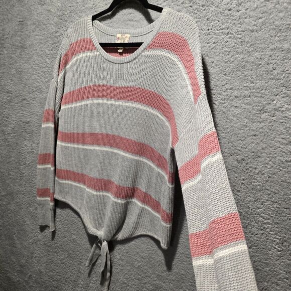 Hippie Rose Womens Gray Sweater Sz XL Pink White Striped Tie Front Y2k - Picture 3 of 7